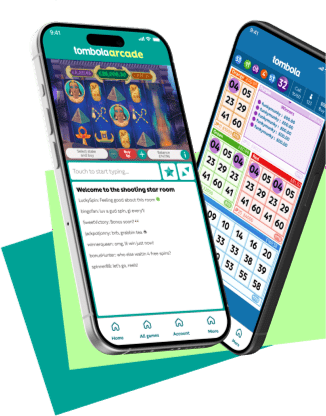 Image of two floating phones showcasing tombola bingo games with a colourful background.